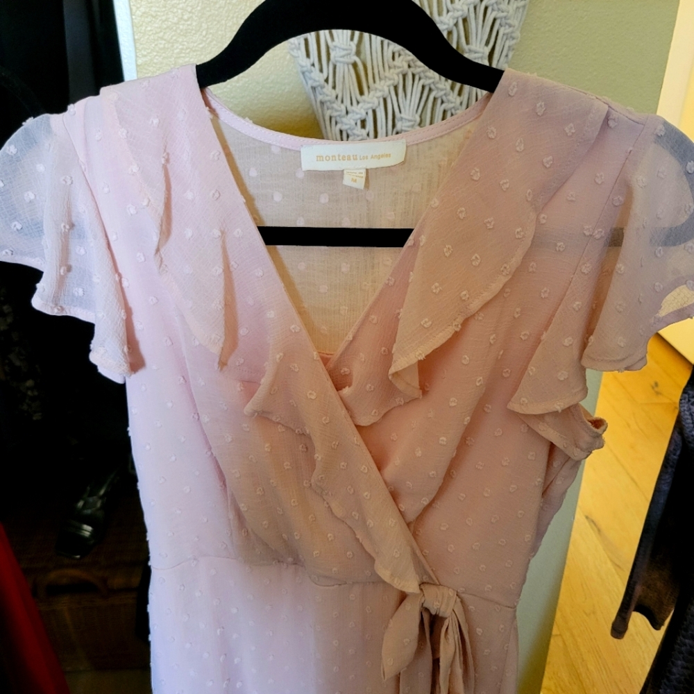 Monteau rose pink faux wrap ruffle ankle length dress